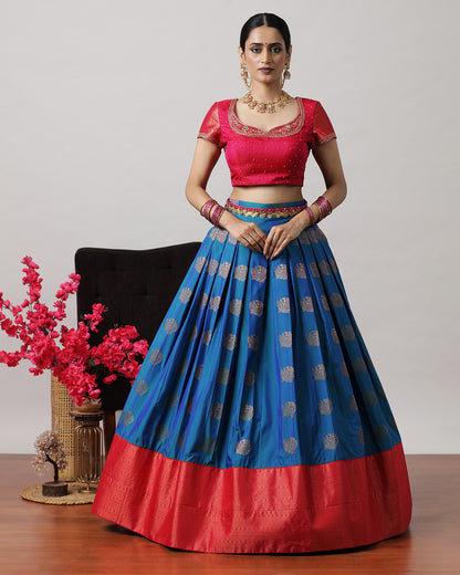 Navy Blue &amp; Pink Pre-Draped Lehenga Set