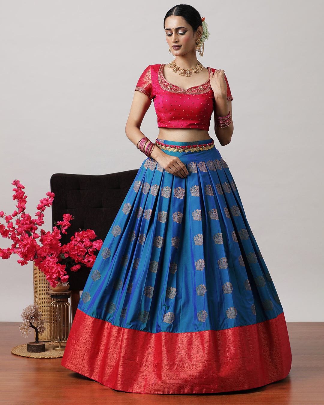 Navy Blue &amp; Pink Pre-Draped Lehenga Set