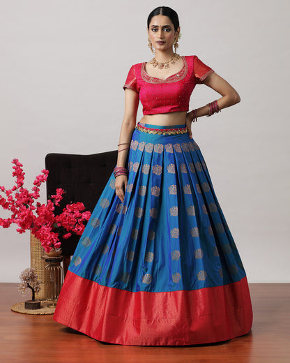 Navy Blue &amp; Pink Pre-Draped Lehenga Set