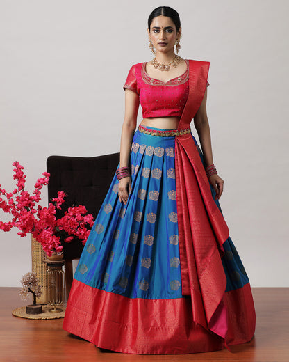 Navy Blue &amp; Pink Pre-Draped Lehenga Set