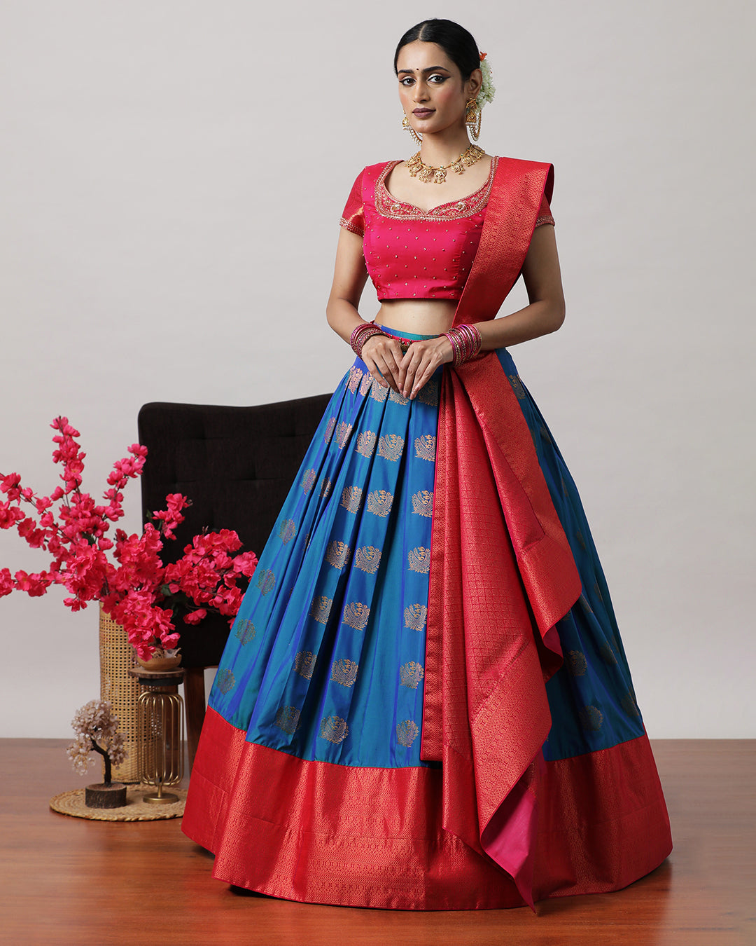 Navy Blue &amp; Pink Pre-Draped Lehenga Set