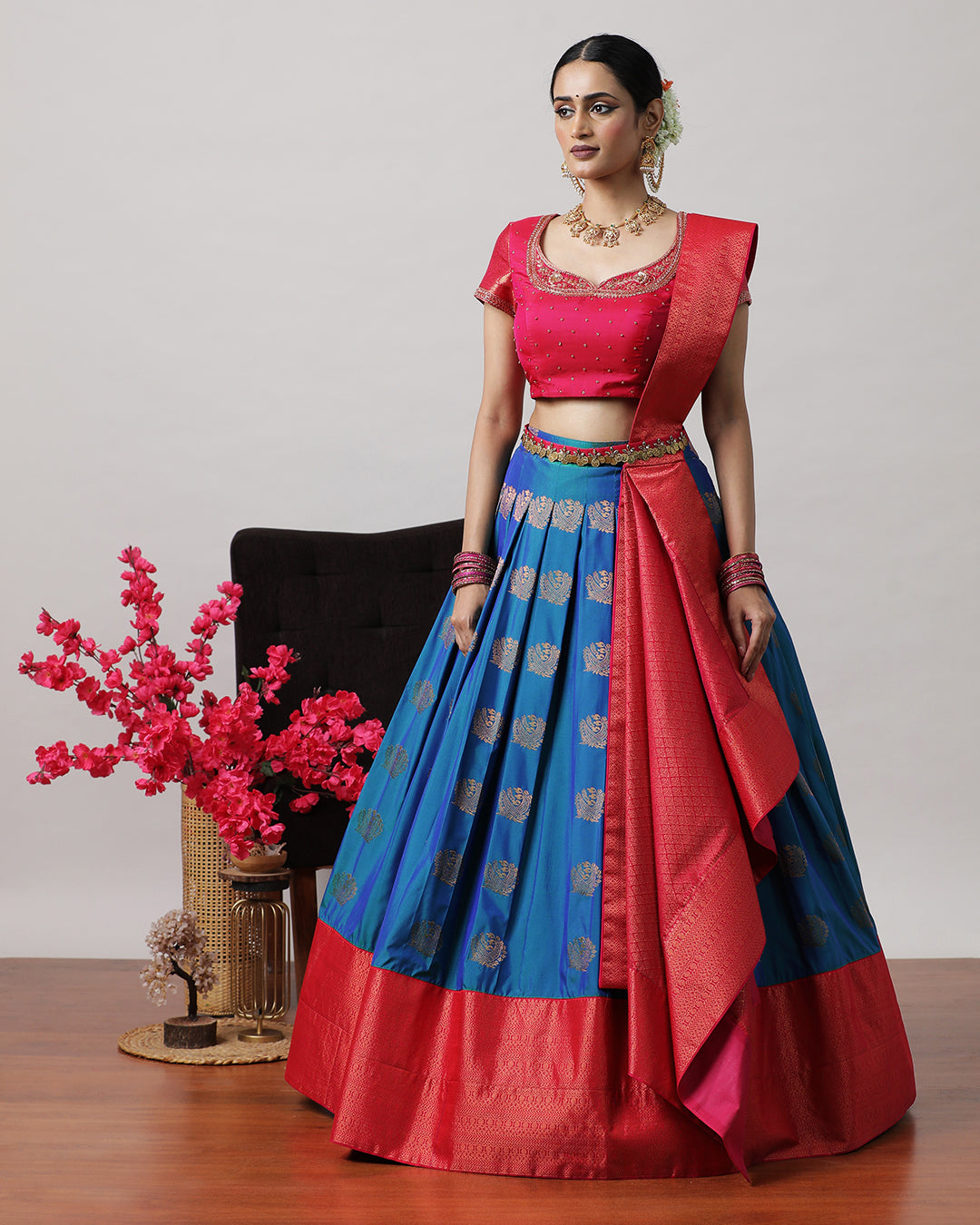 Navy Blue &amp; Pink Pre-Draped Lehenga Set