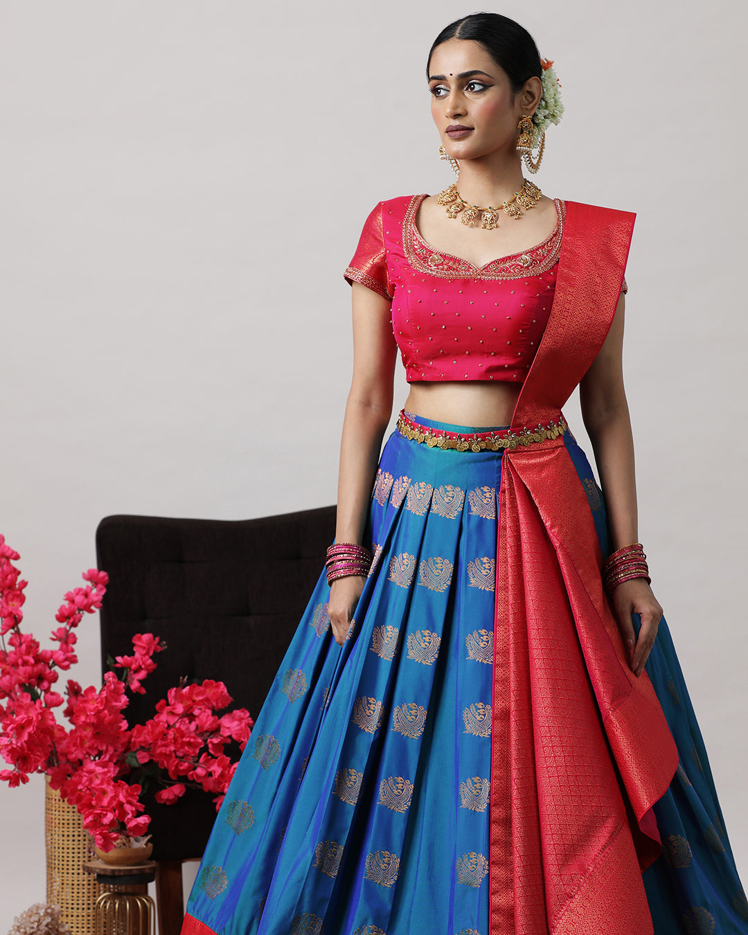 Navy Blue &amp; Pink Pre-Draped Lehenga Set