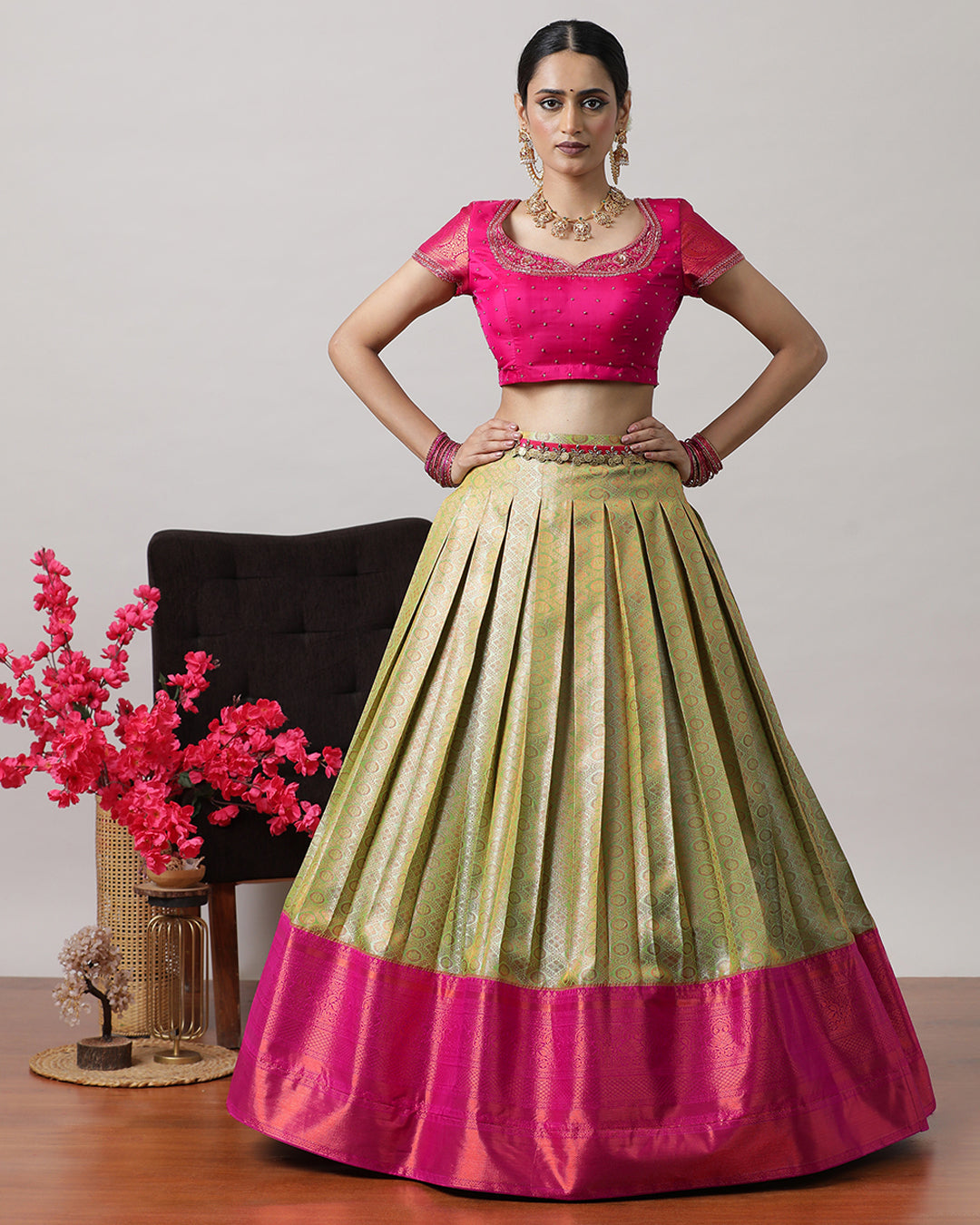 Pista Green &amp; Pink Pre-Draped Lehenga Set