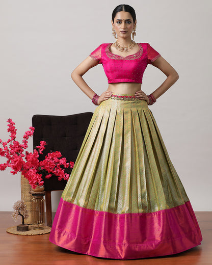 Pista Green &amp; Pink Pre-Draped Lehenga Set