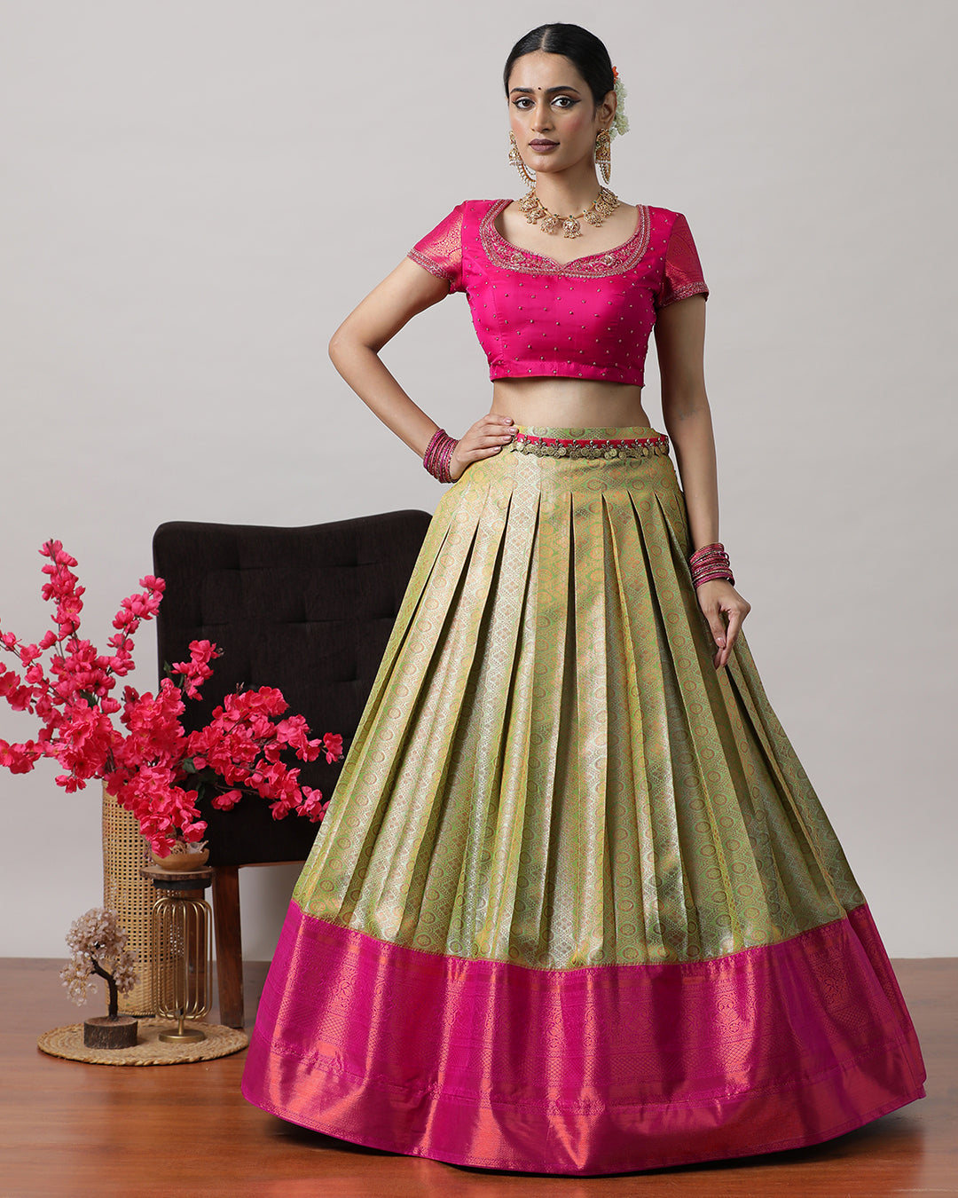 Pista Green &amp; Pink Pre-Draped Lehenga Set