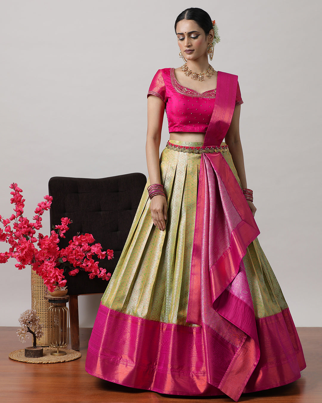 Pista Green &amp; Pink Pre-Draped Lehenga Set