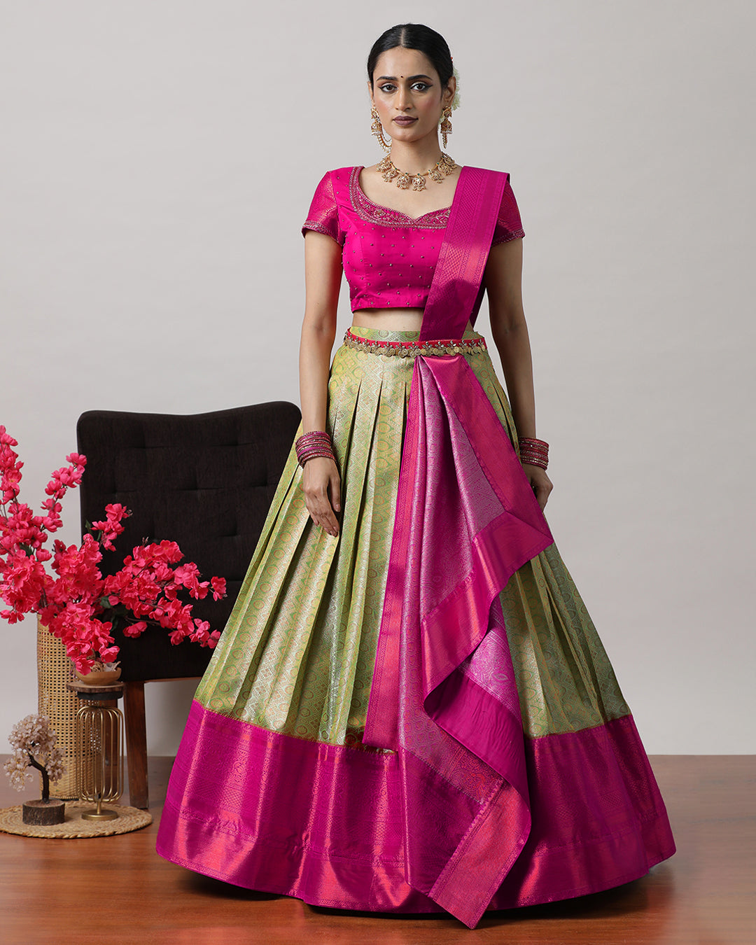 Pista Green &amp; Pink Pre-Draped Lehenga Set