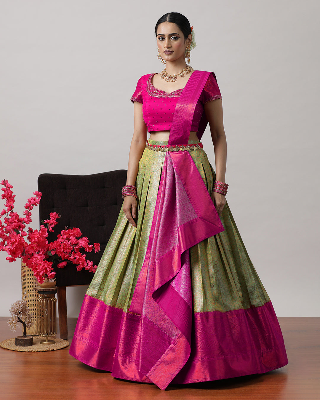 Pista Green &amp; Pink Pre-Draped Lehenga Set