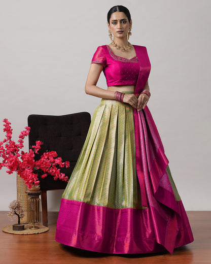 Pista Green &amp; Pink Pre-Draped Lehenga Set