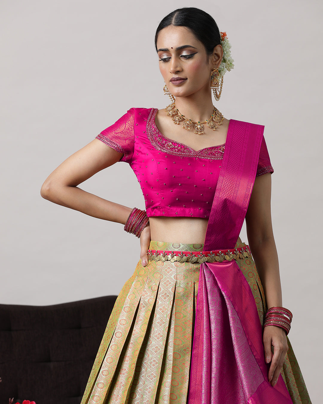 Pista Green &amp; Pink Pre-Draped Lehenga Set