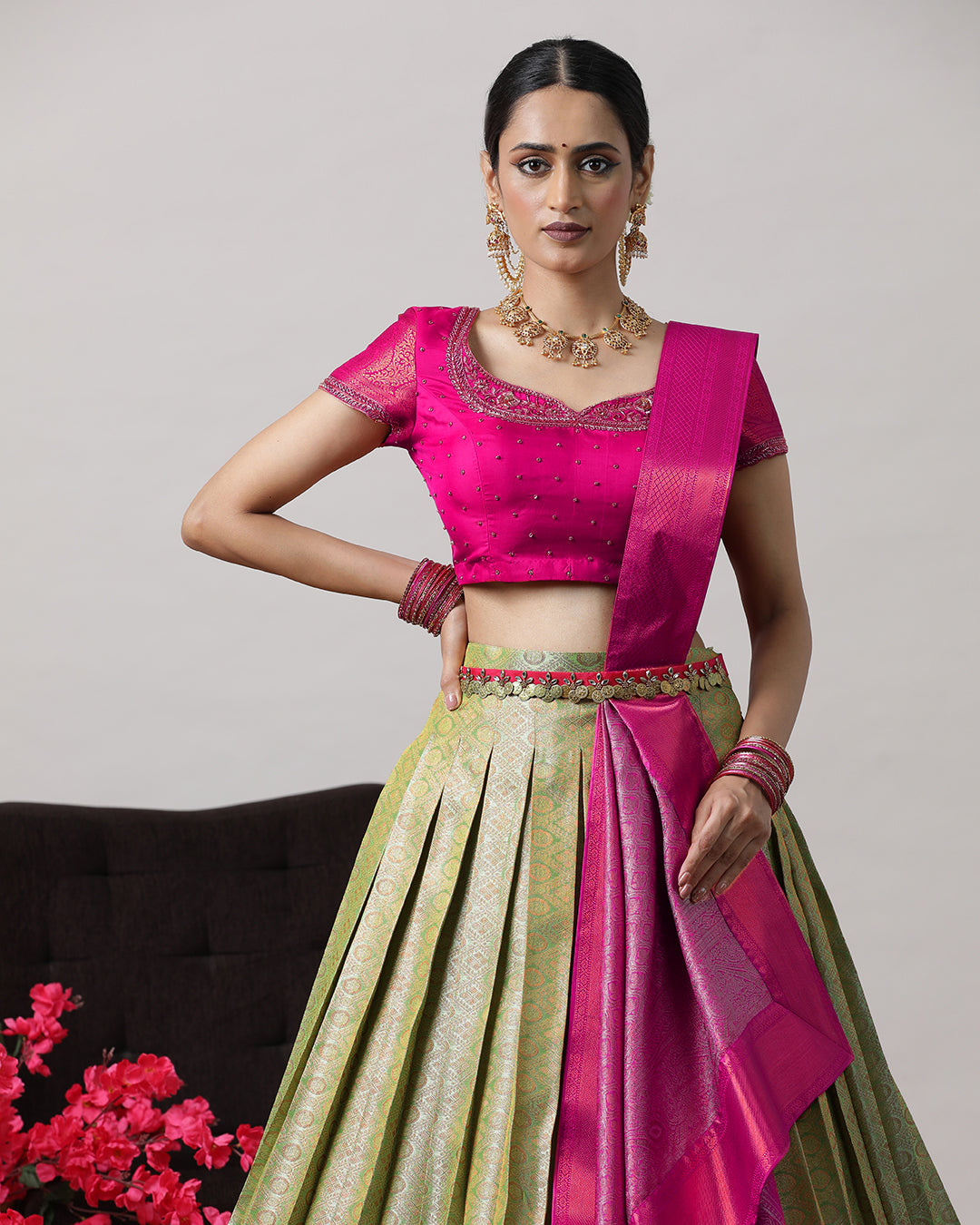 Pista Green &amp; Pink Pre-Draped Lehenga Set