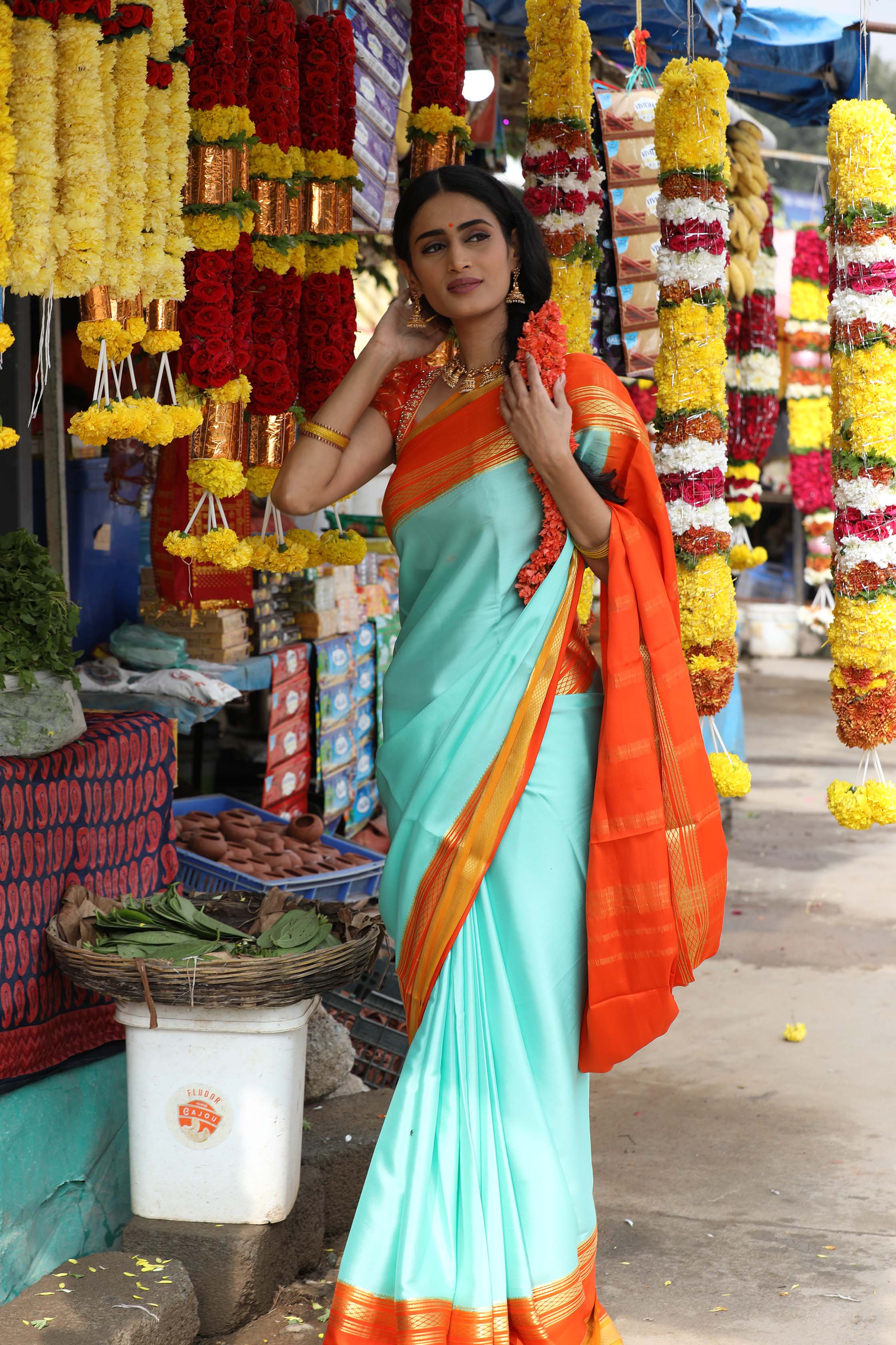 Pure Mysore Silk Crepe - Sea Blue with Orange