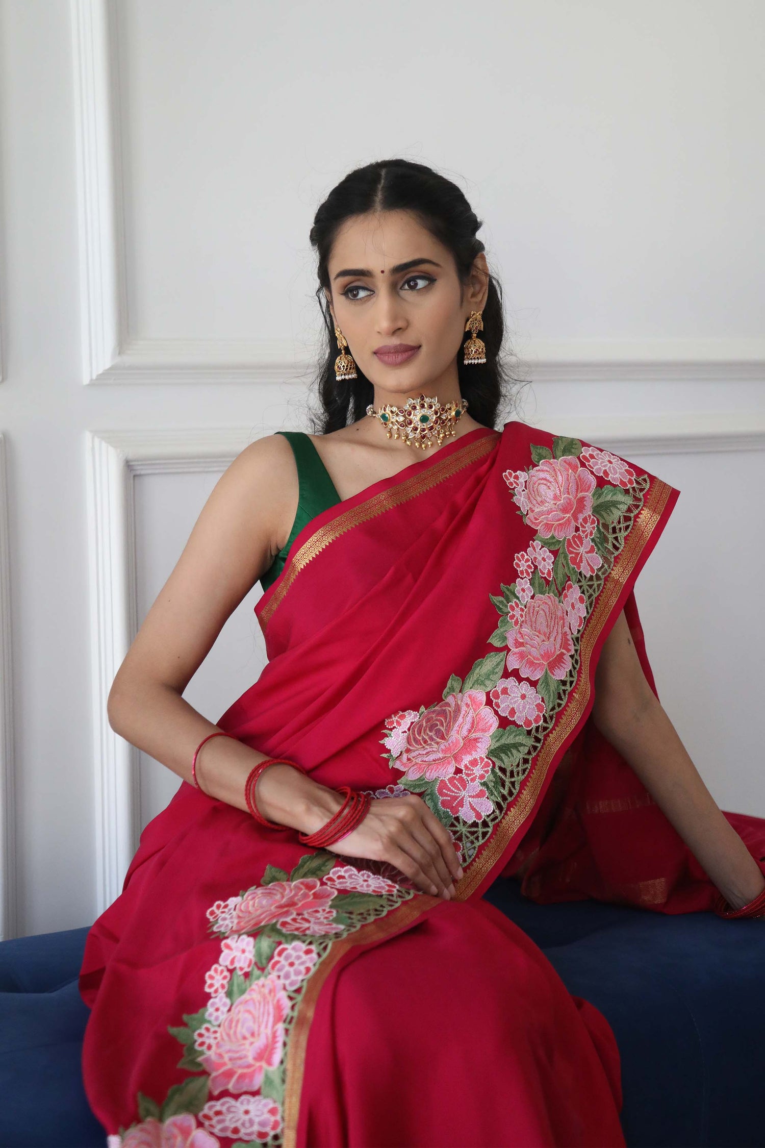 Pure Mysore Silk Crepe - Dark Pink Floral Embroidery with Cut Work