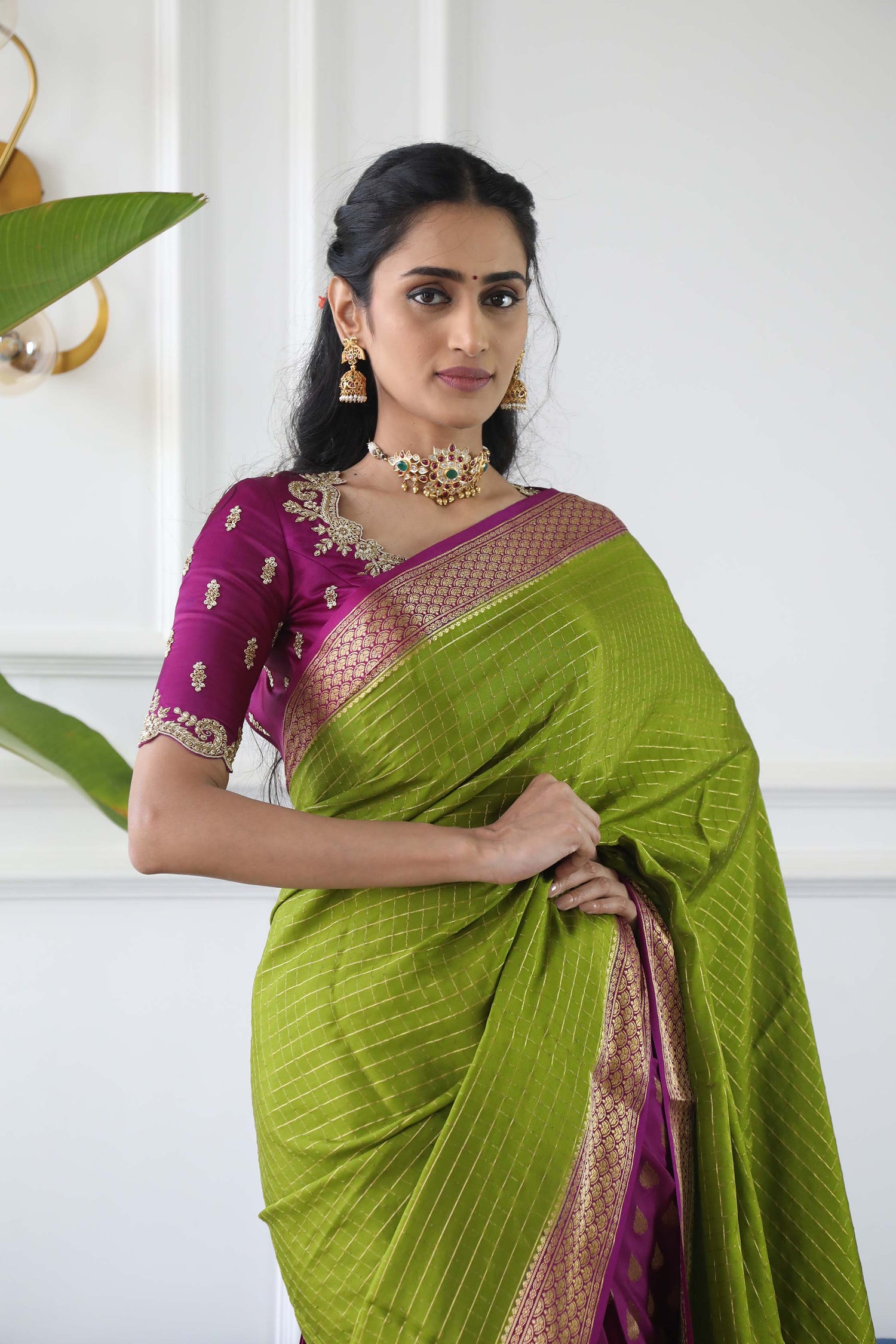 Pure Mysore Silk Crepe - Green with Fusia Pink Half &amp; Half Pattern