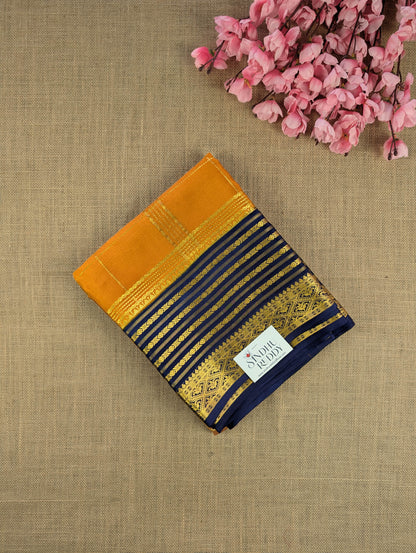 Pure Mysore Silk Crepe - Yellowish Orange with Blue