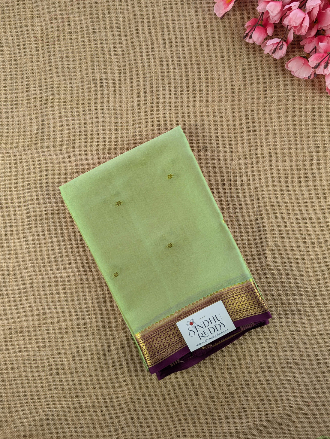 Pure Mysore Silk Crepe - Pista Green with Purple