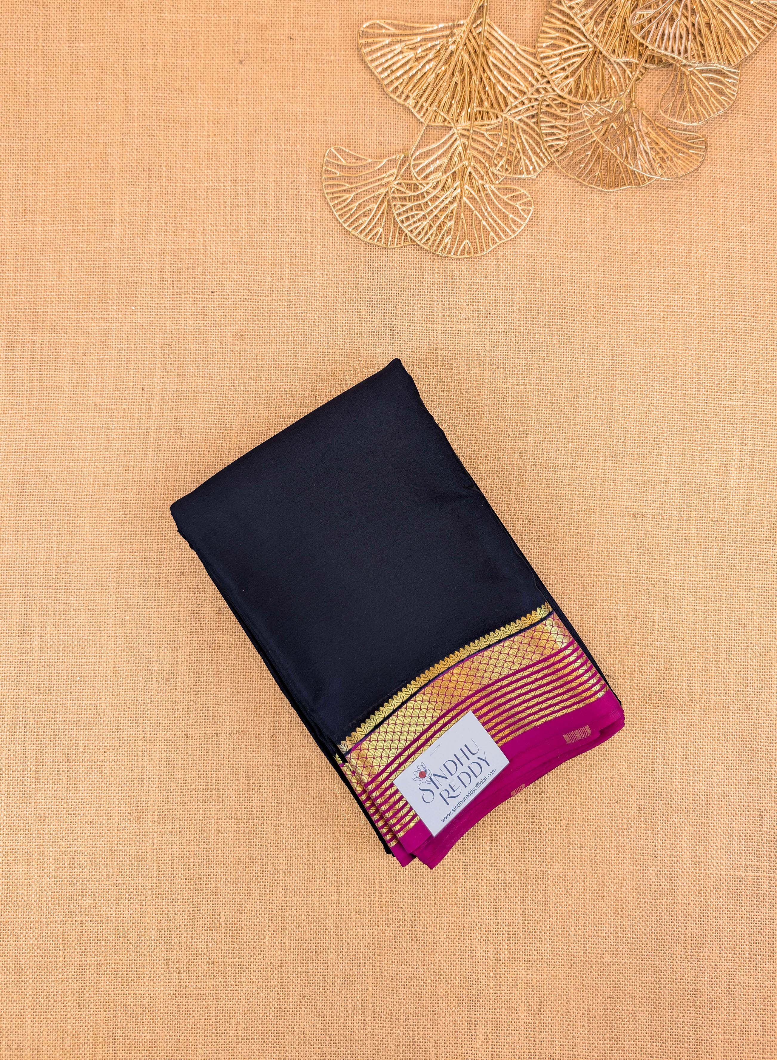 Pure Mysore Silk Crepe - Black with Dark Pink