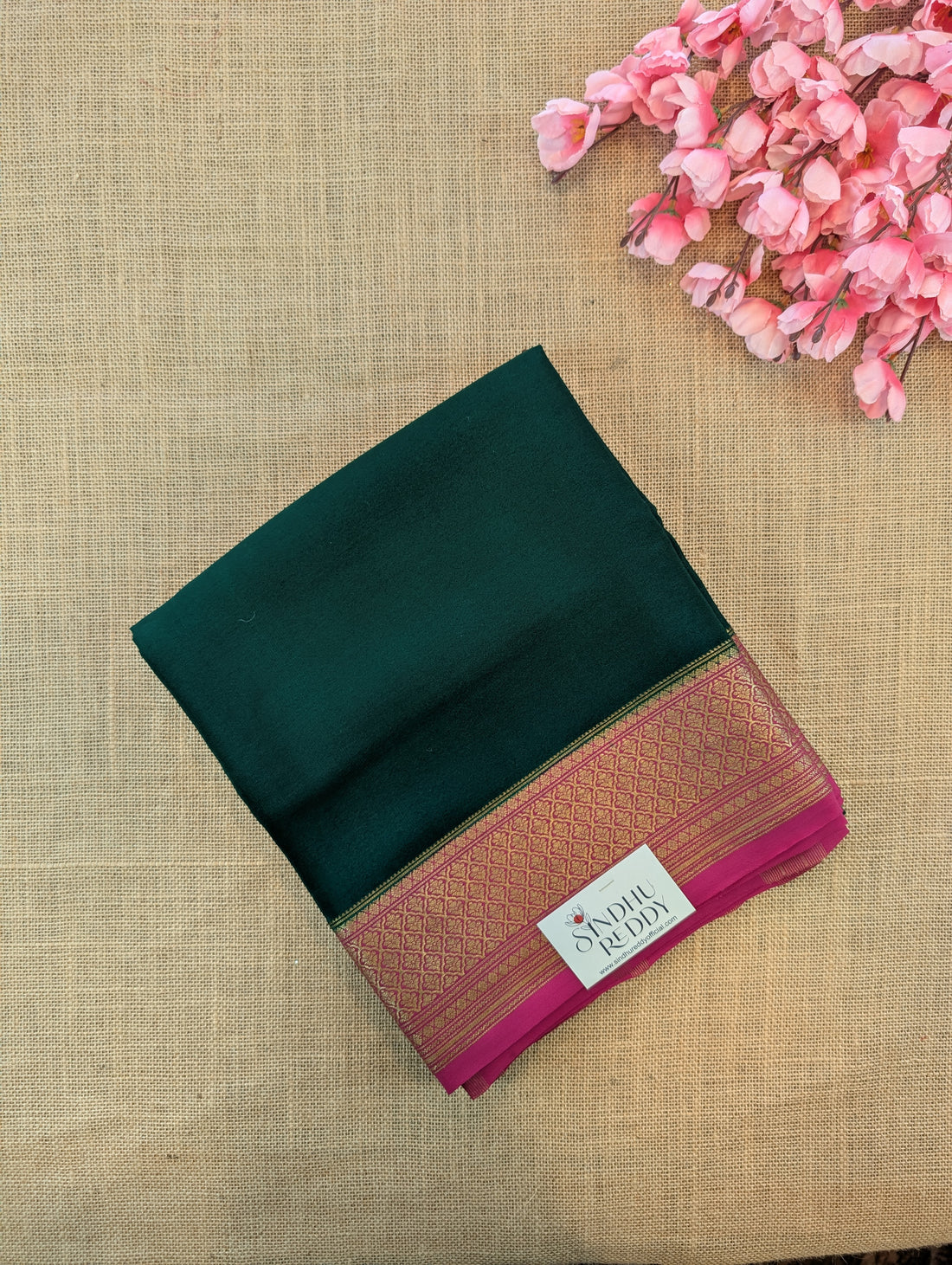 Pure Mysore Silk Crepe - Green with Rani Pink