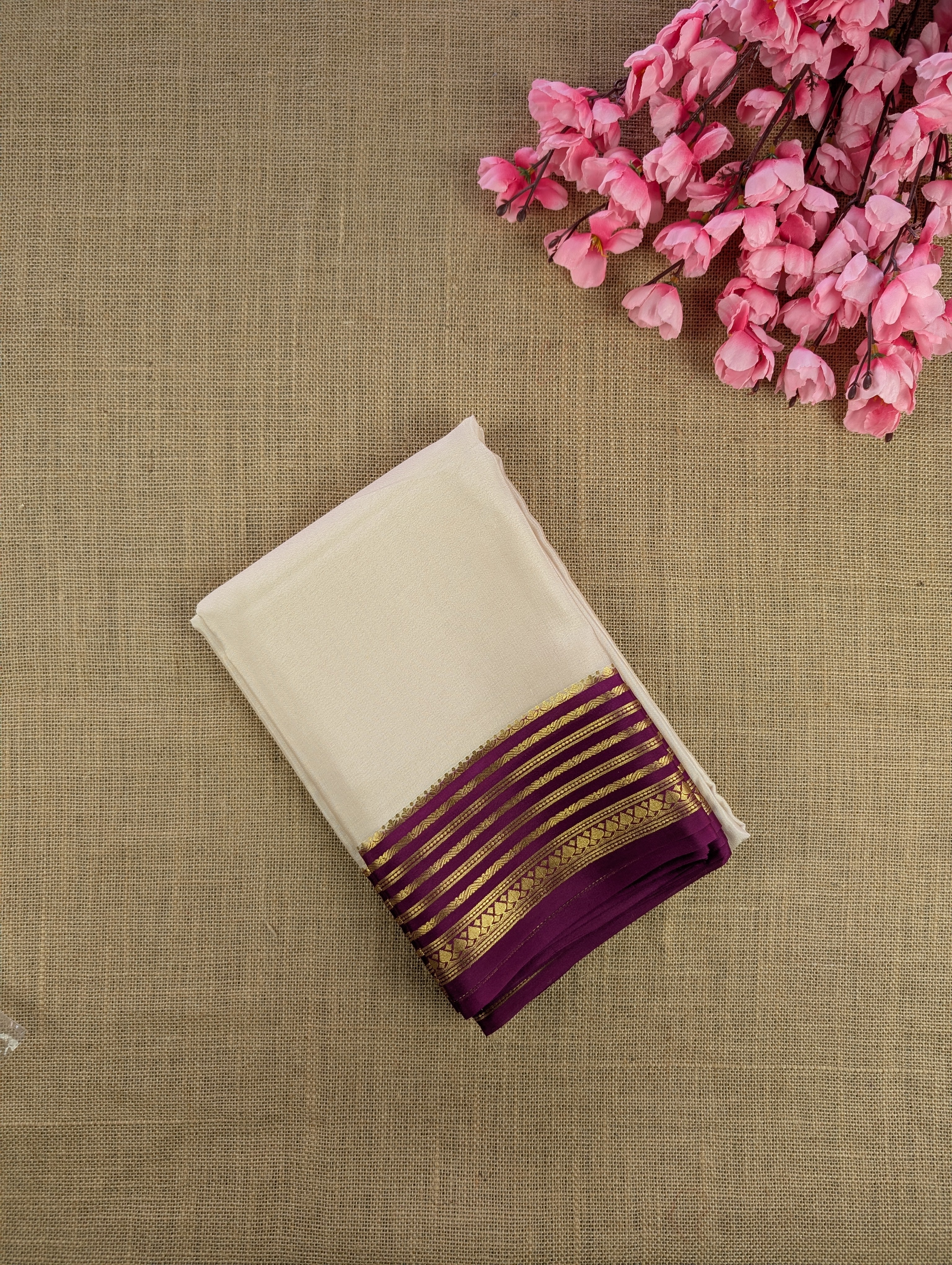 Pure Mysore Silk Crepe - Cream with Purple