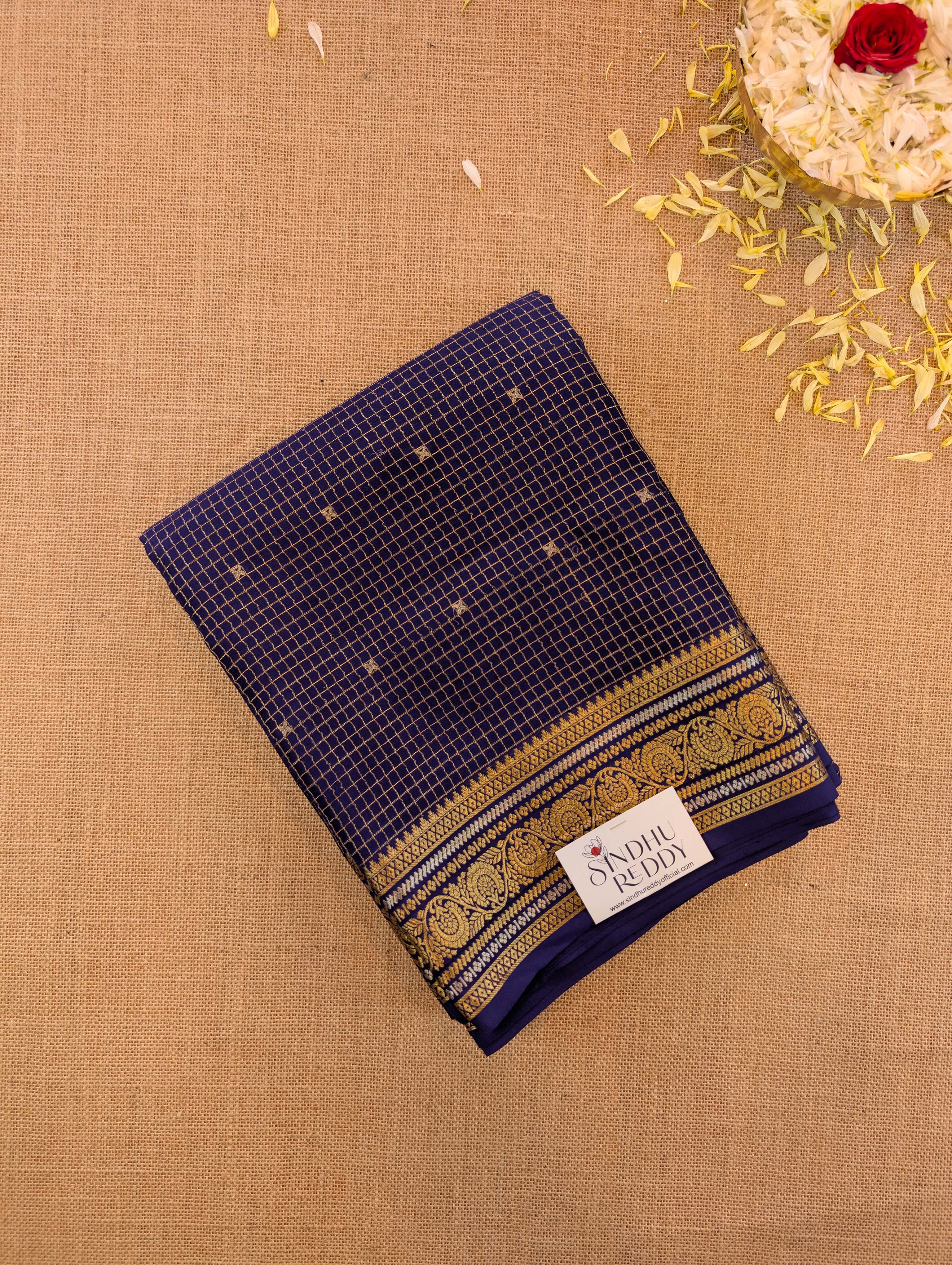 Pure Mysore Silk Crepe - Deep Blue with Printed Pallu