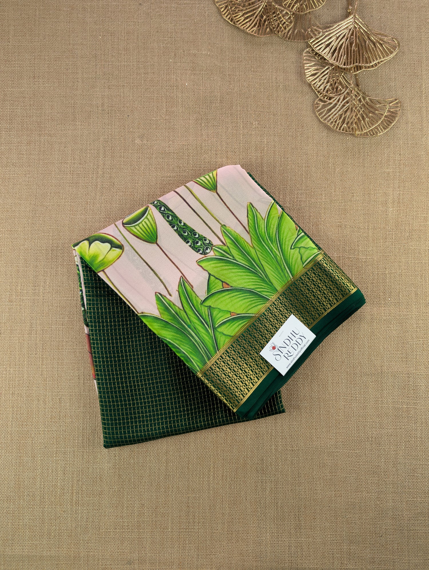 Pure Mysore Silk Crepe -  Green with Light Pink Half &amp; Half Printed Border