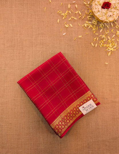 Pure Mysore Silk Crepe - Red with zari checks and border