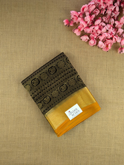 Pure Mysore Silk Crepe Brocade - Black &amp; Mustard