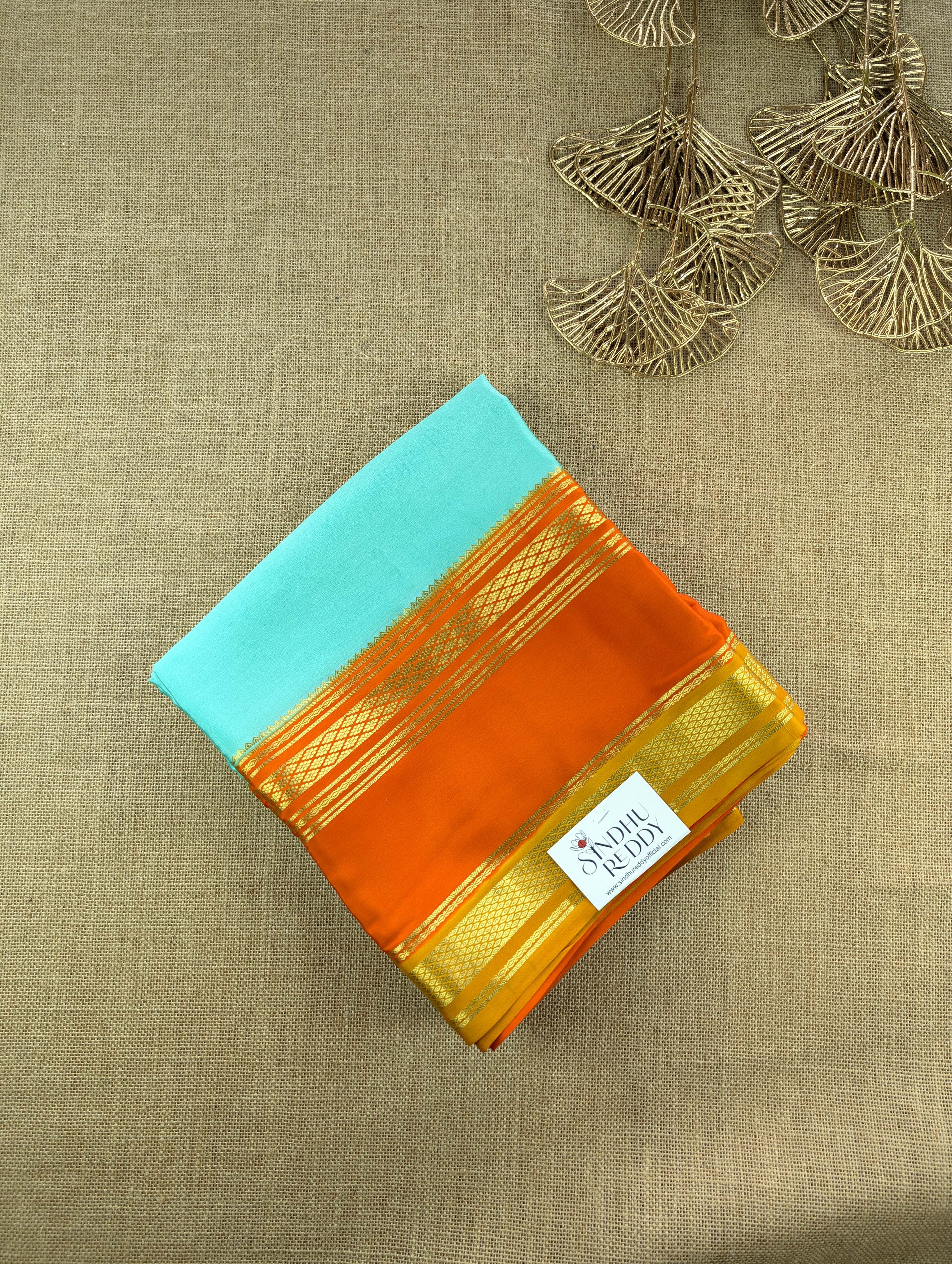 Pure Mysore Silk Crepe - Sea Blue with Orange