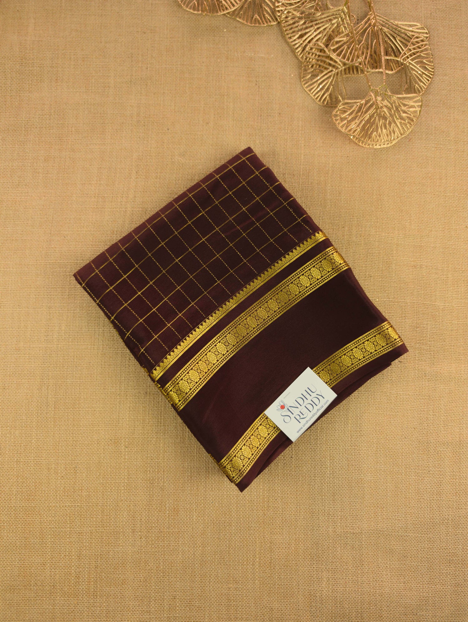 Pure Mysore Silk Crepe - Chocolate Brown with zari checks and gap border