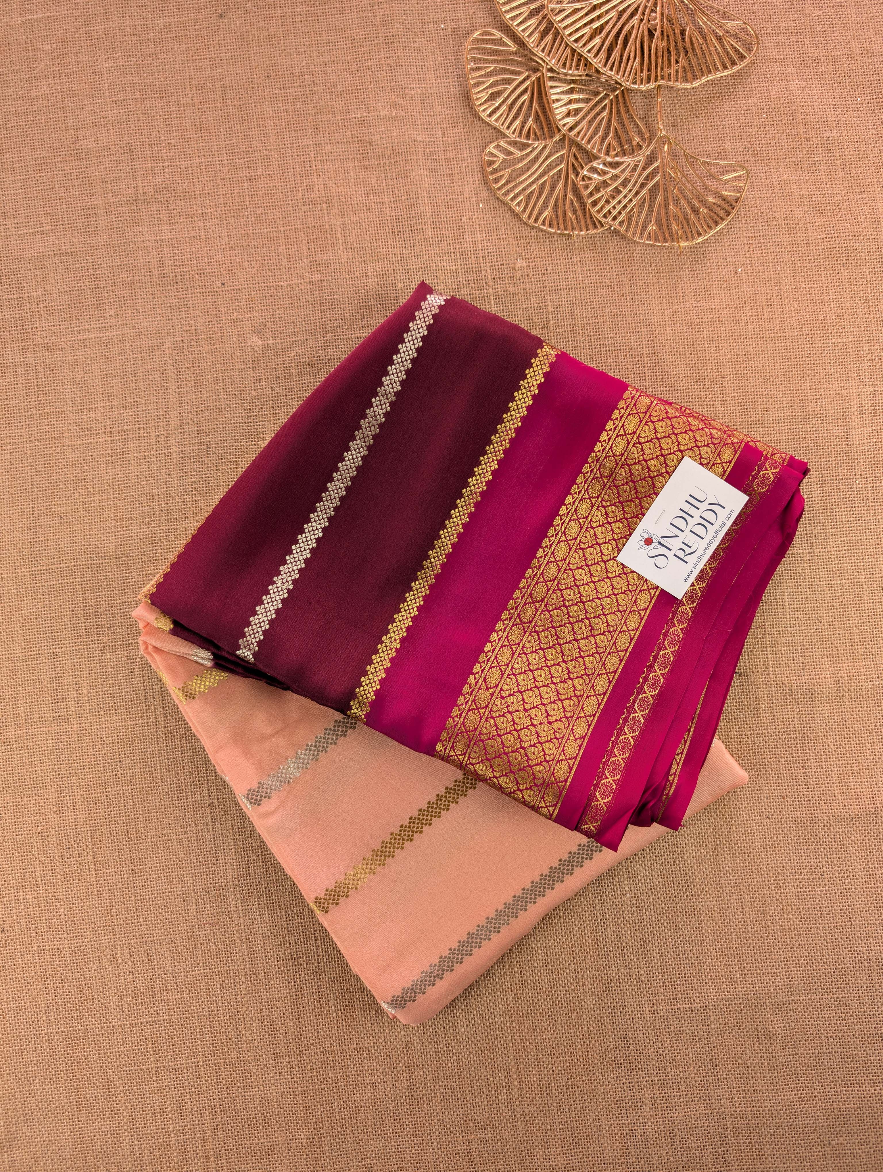 Pure Mysore Silk Crepe - Peach with Wine &amp; Pink 3D Pattern