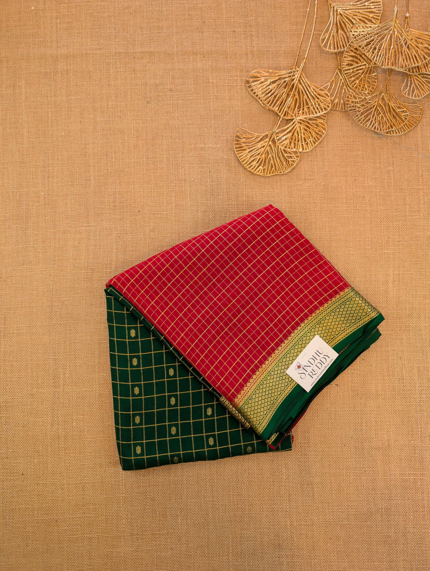 Pure Mysore Silk Crepe - Red with Green Half &amp; Half Pattern