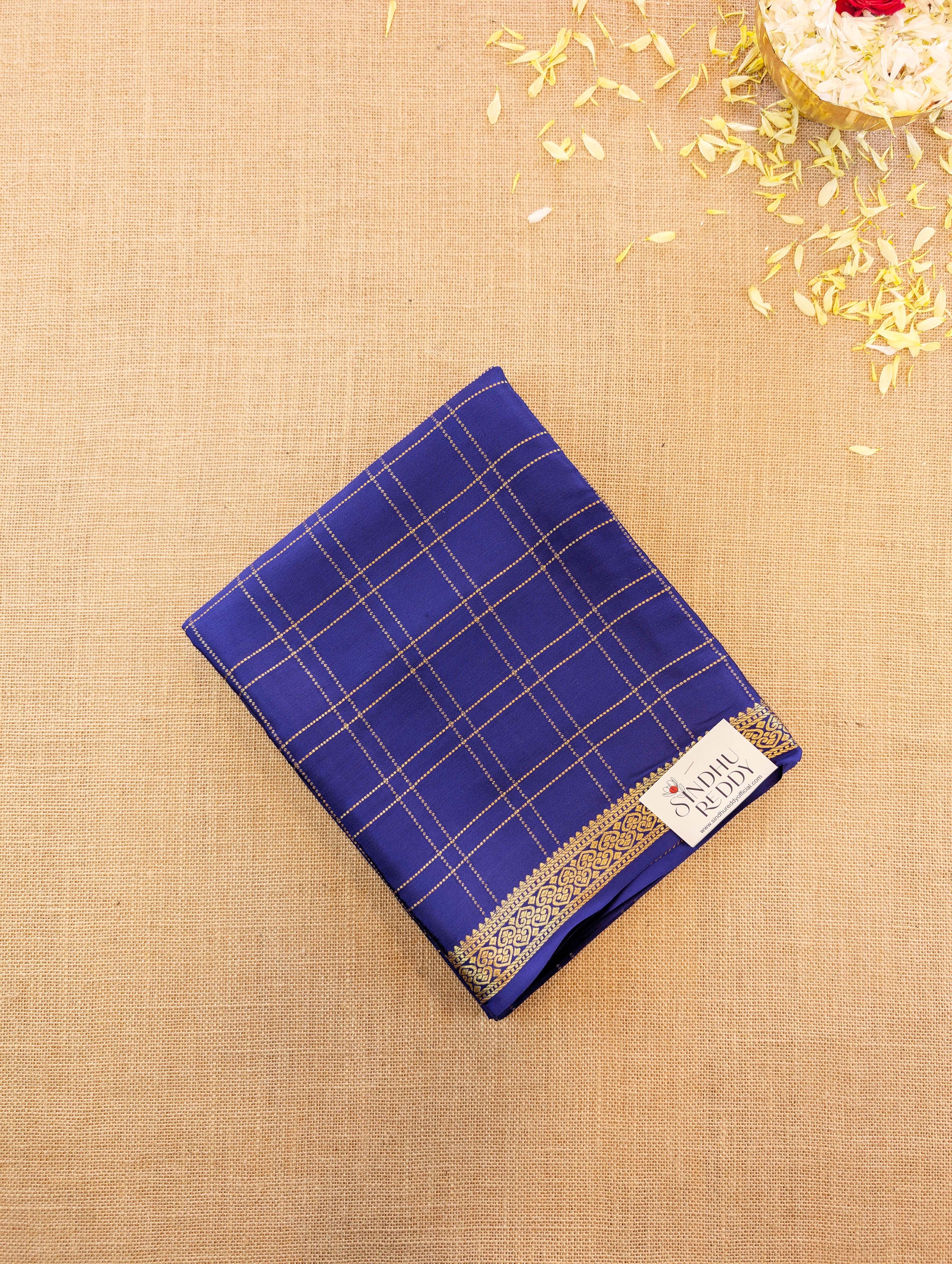 Pure Mysore Silk Crepe - Royal Blue with Zari checks and border