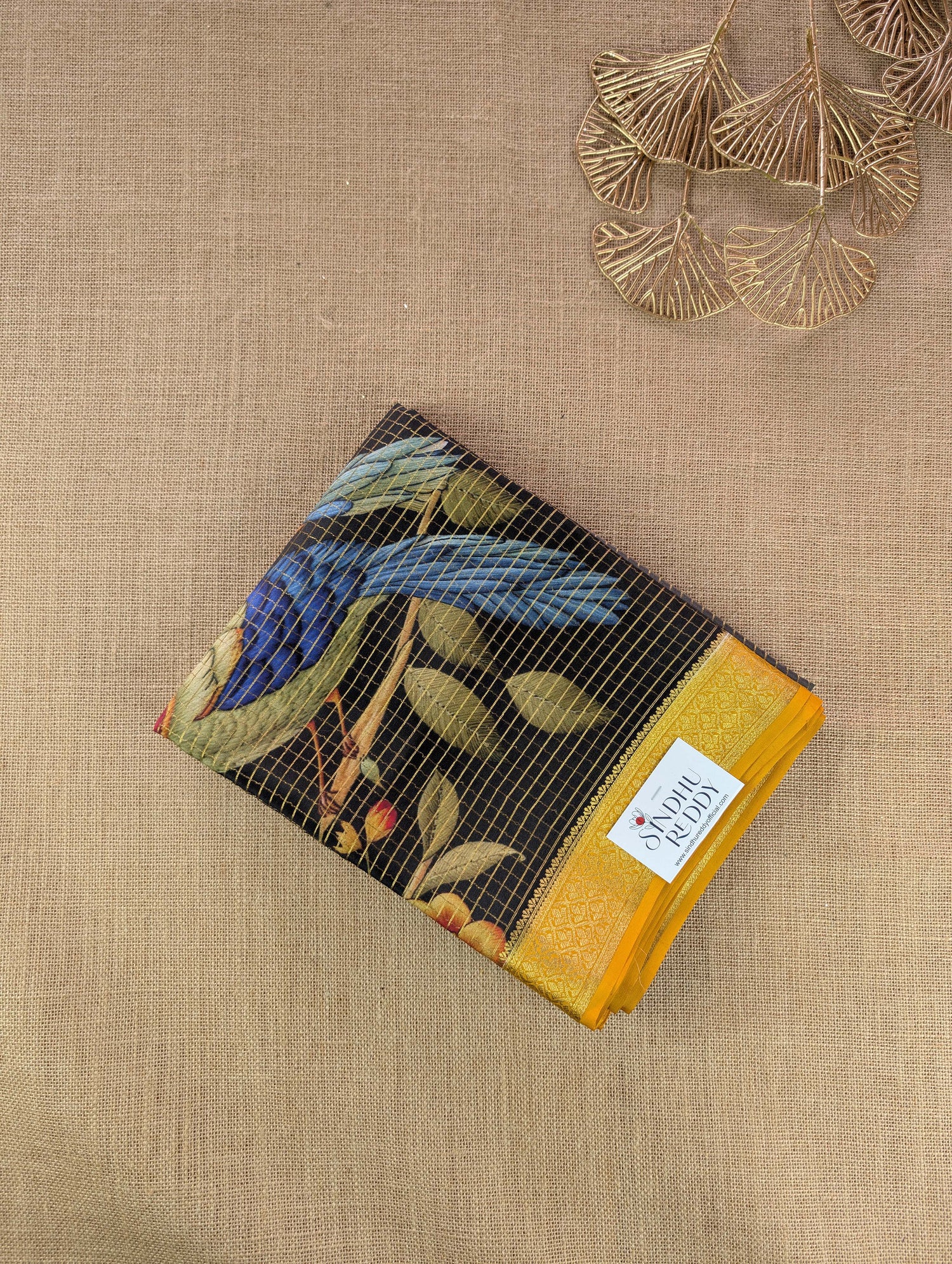 Pure Mysore Silk Crepe - Charcoal Grey and Mustard Yellow with Printed Pallu &amp; Border