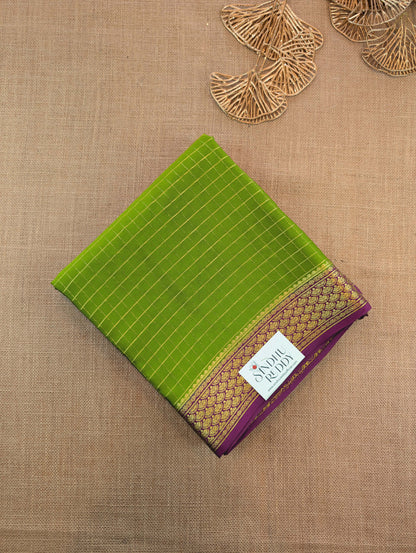 Pure Mysore Silk Crepe - Green with Fusia Pink Half &amp; Half Pattern