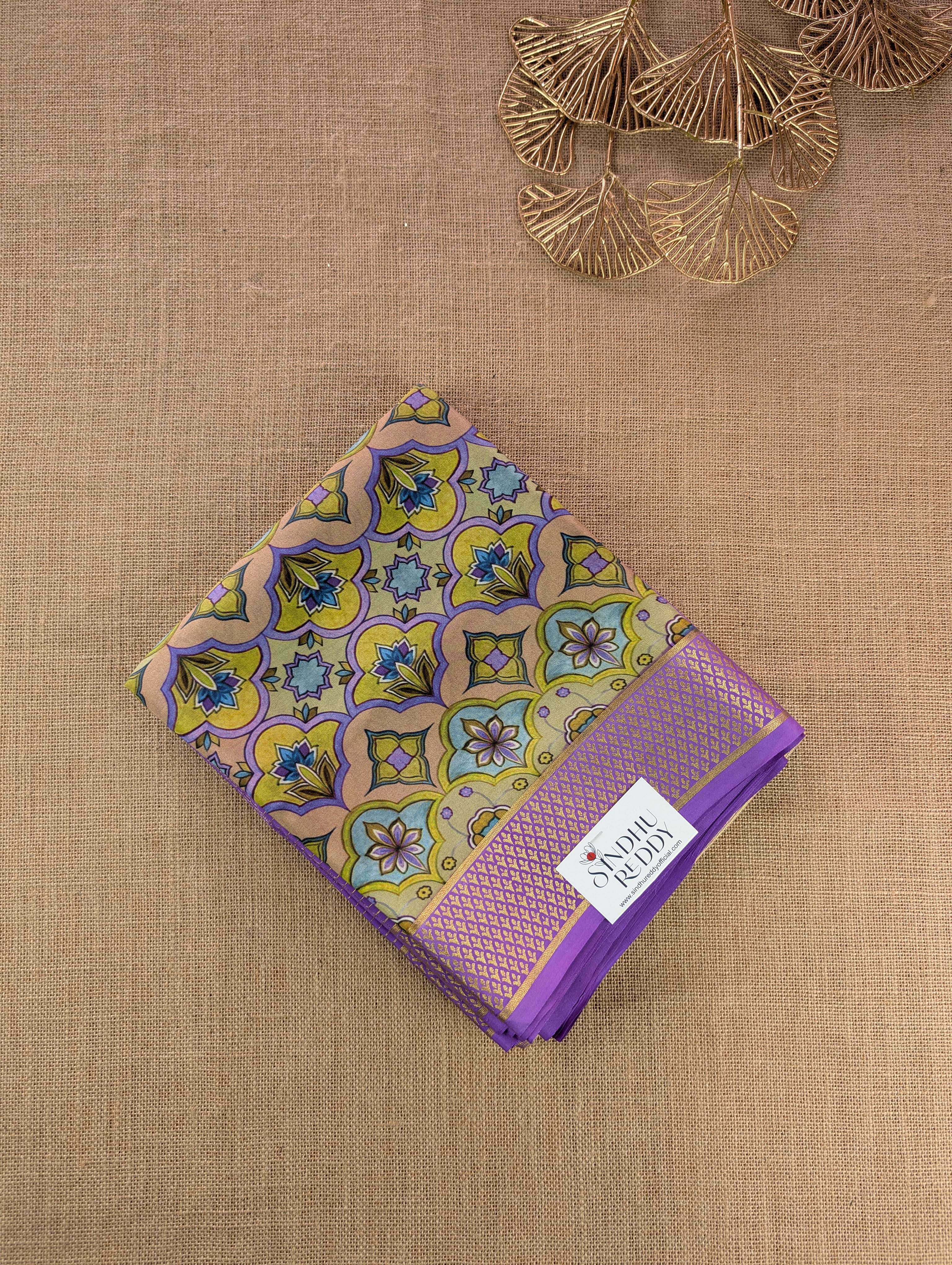 Pure Mysore Silk Crepe -  Lavender with Half &amp; Half Printed Border