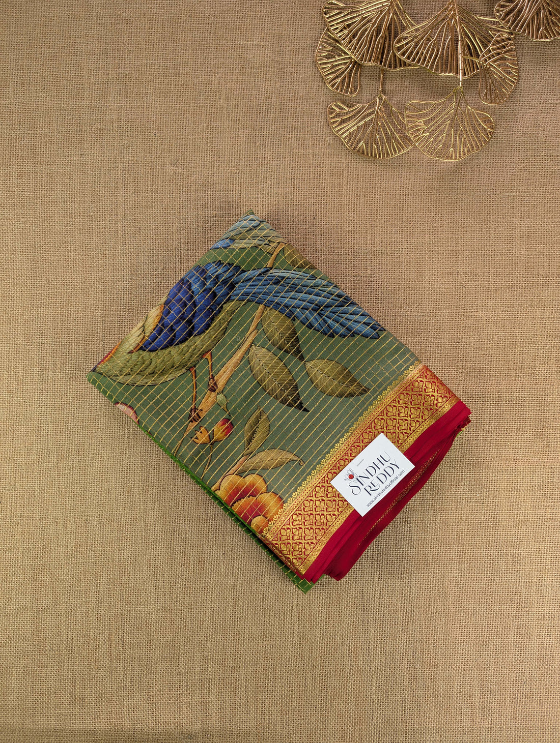 Pure Mysore Silk Crepe - Green and Red with Printed Pallu &amp; Border