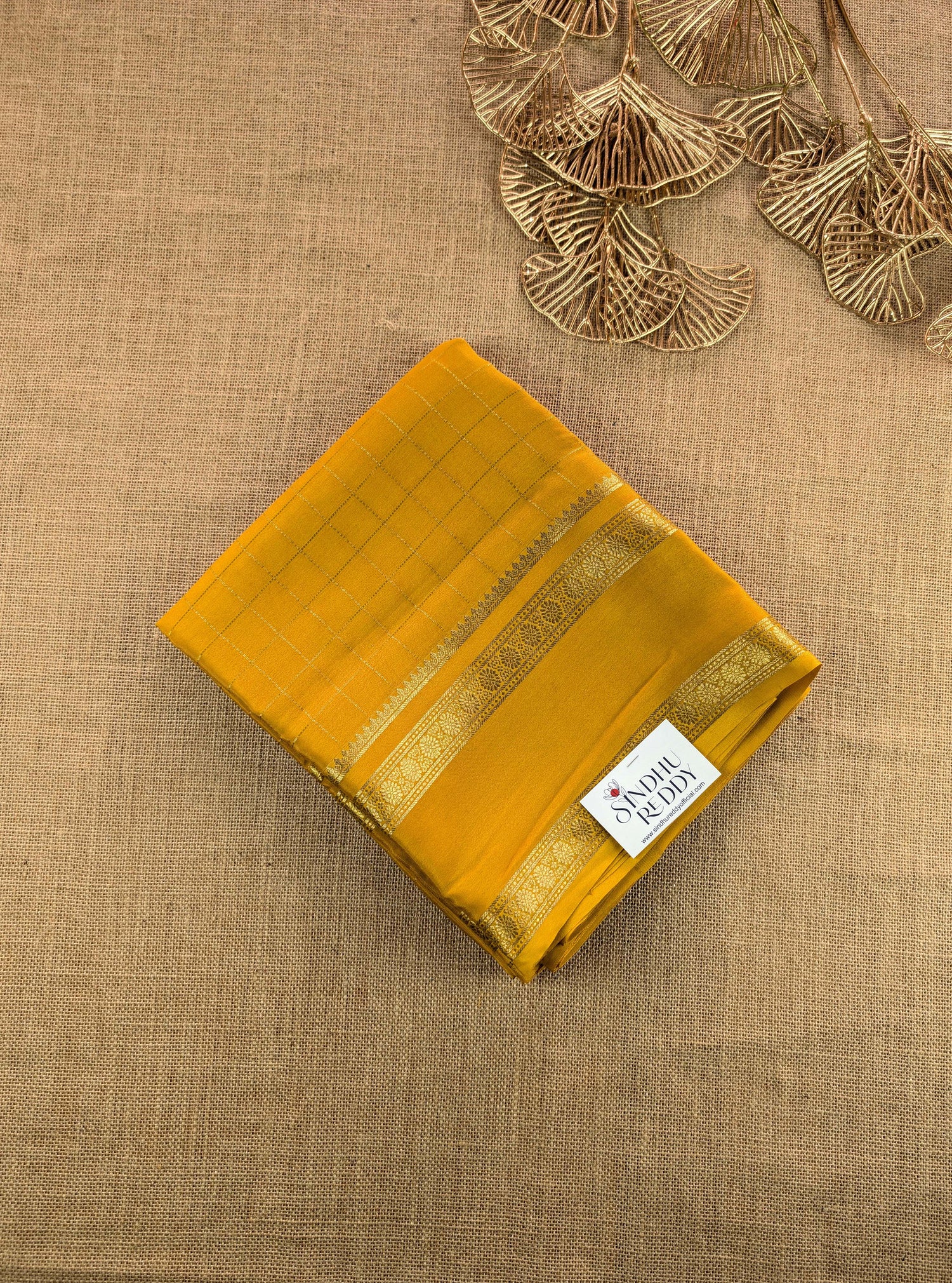 Pure Mysore Silk Crepe - Mustard with zari checks and gap border