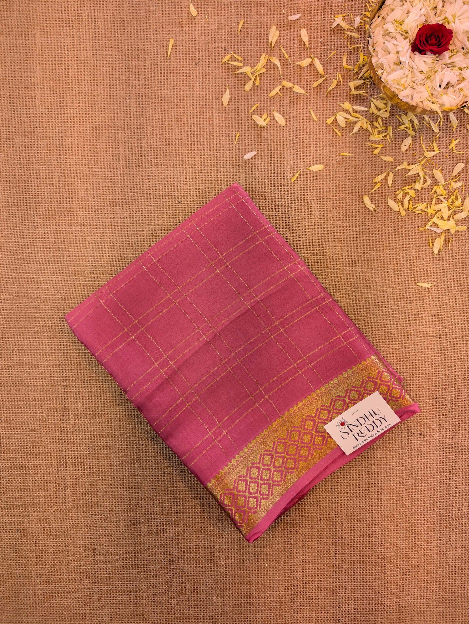 Pure Mysore Silk Crepe - Peach with zari checks and border