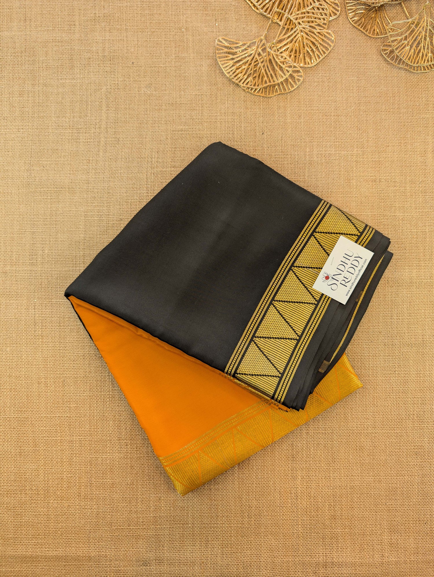 Pure Mysore Silk Crepe - Black with Orange Half &amp; Half Pattern