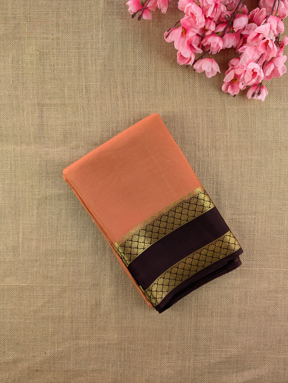 Pure Mysore Silk Crepe - Peach with Coffee Brown