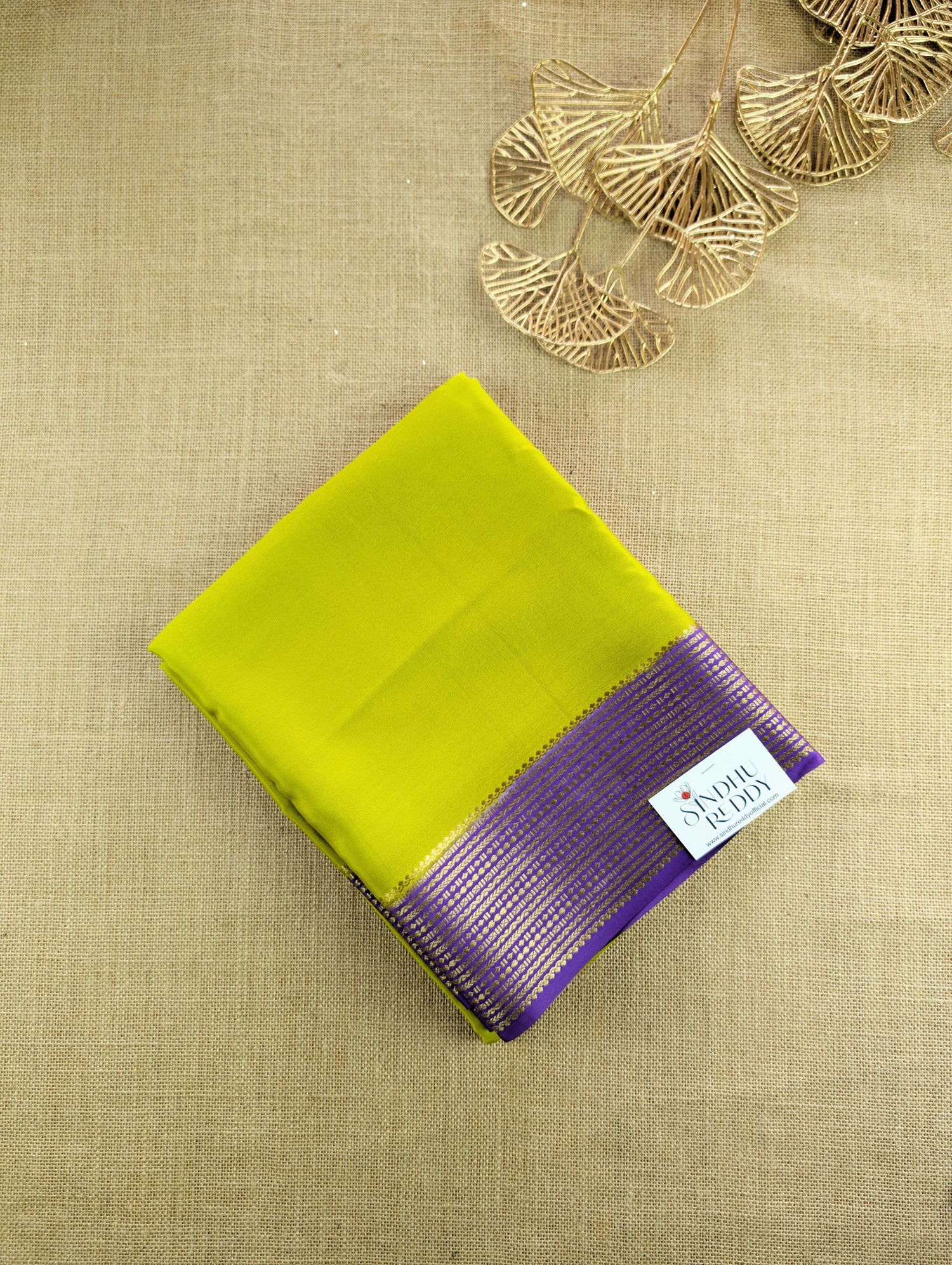 Pure Mysore Silk Crepe - Mustard Green with Purple