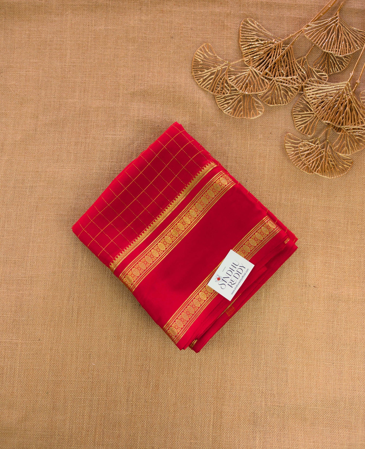 Pure Mysore Silk Crepe - Red with zari checks and gap border