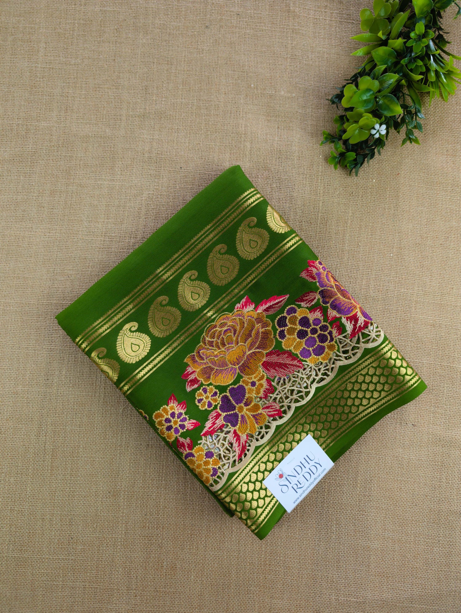 Pure Mysore Silk Crepe - Green Floral Embroidery with Cut Work