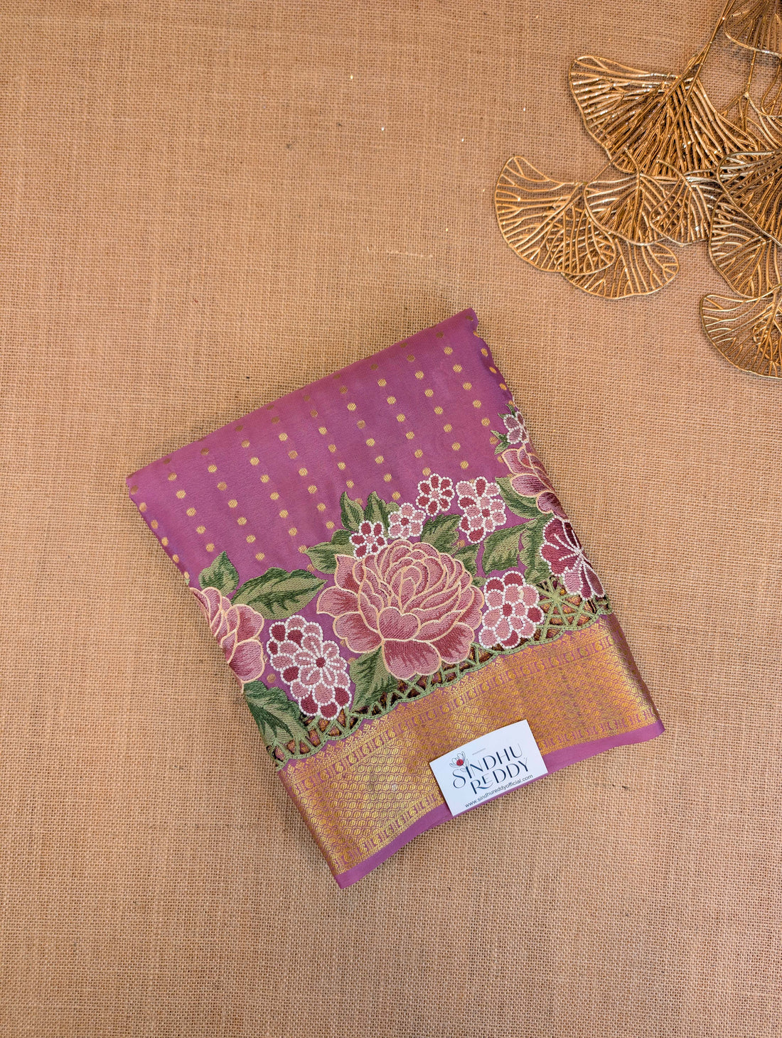 Pure Mysore Silk Crepe - Peach Hand Embroidery with Cut Work