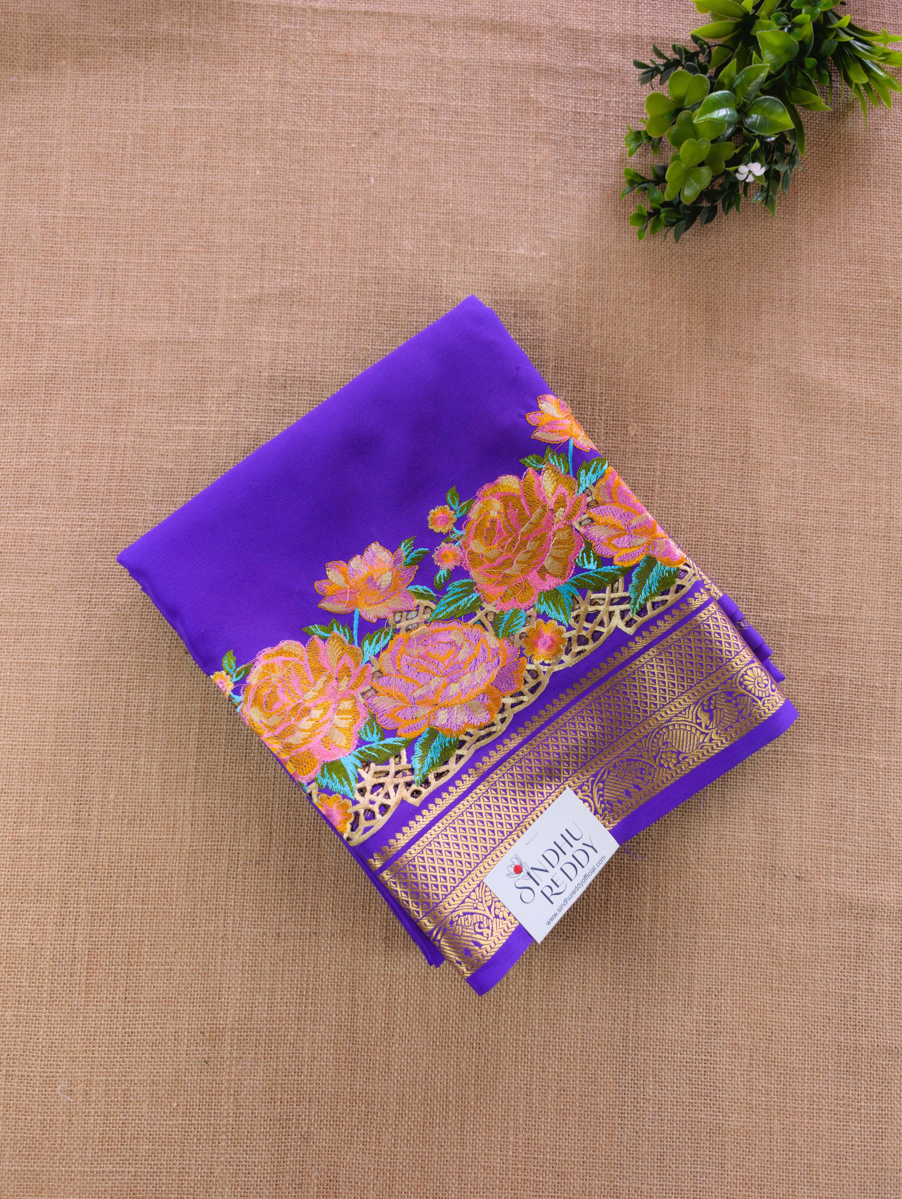 Pure Mysore Silk Crepe - Purple Floral Embroidery with Cut Work