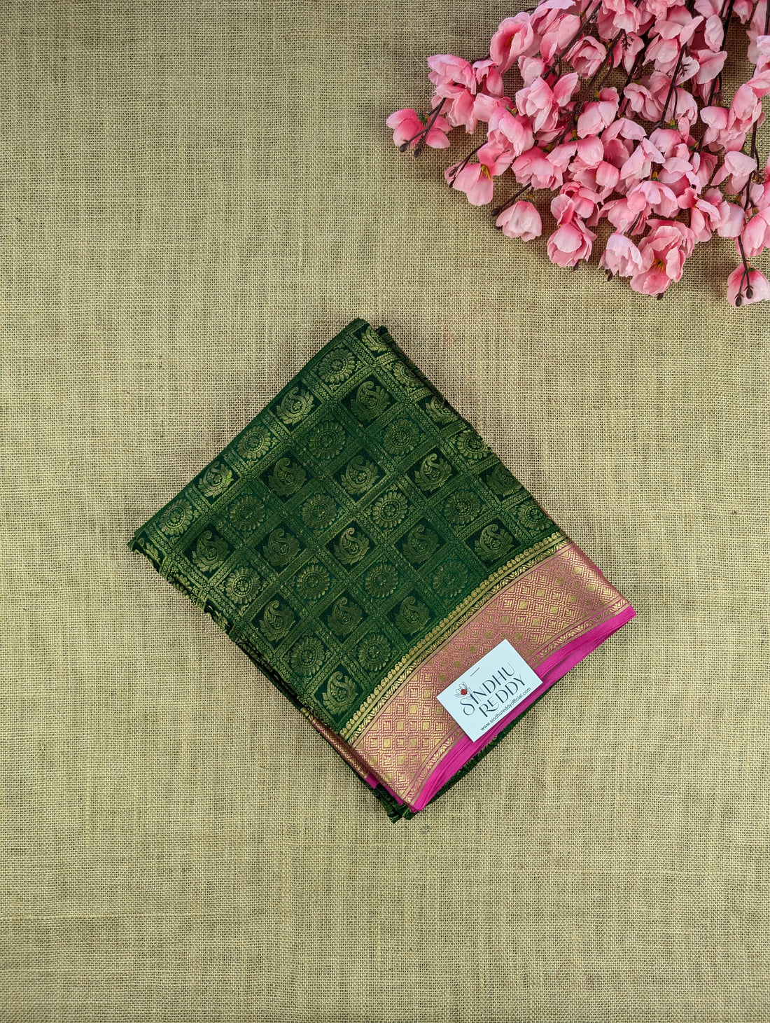 Pure Mysore Silk Crepe Brocade - Green &amp; Pink