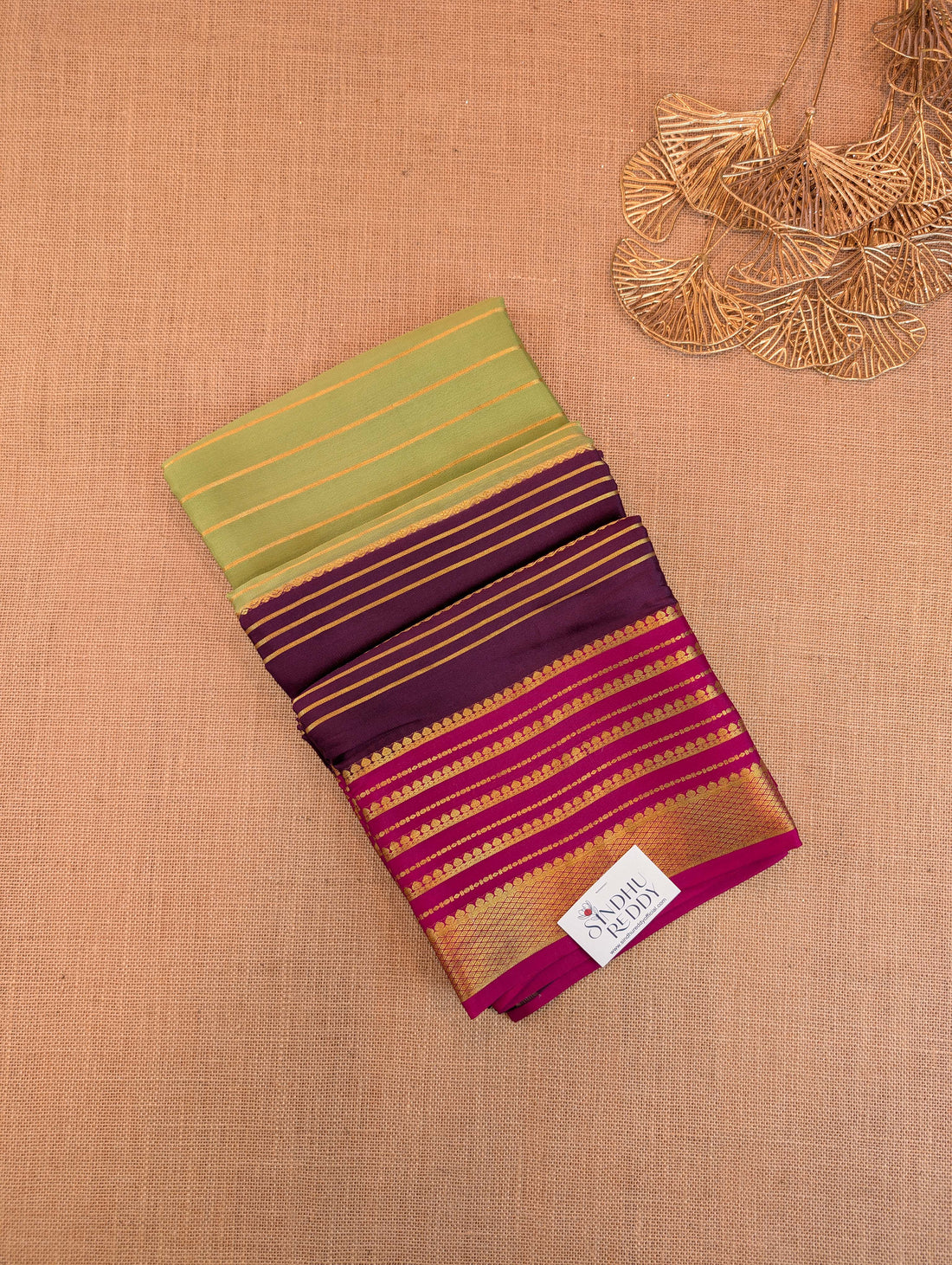 Pure Mysore Silk Crepe - Parrot Green with Chocolate Brown &amp; Pink