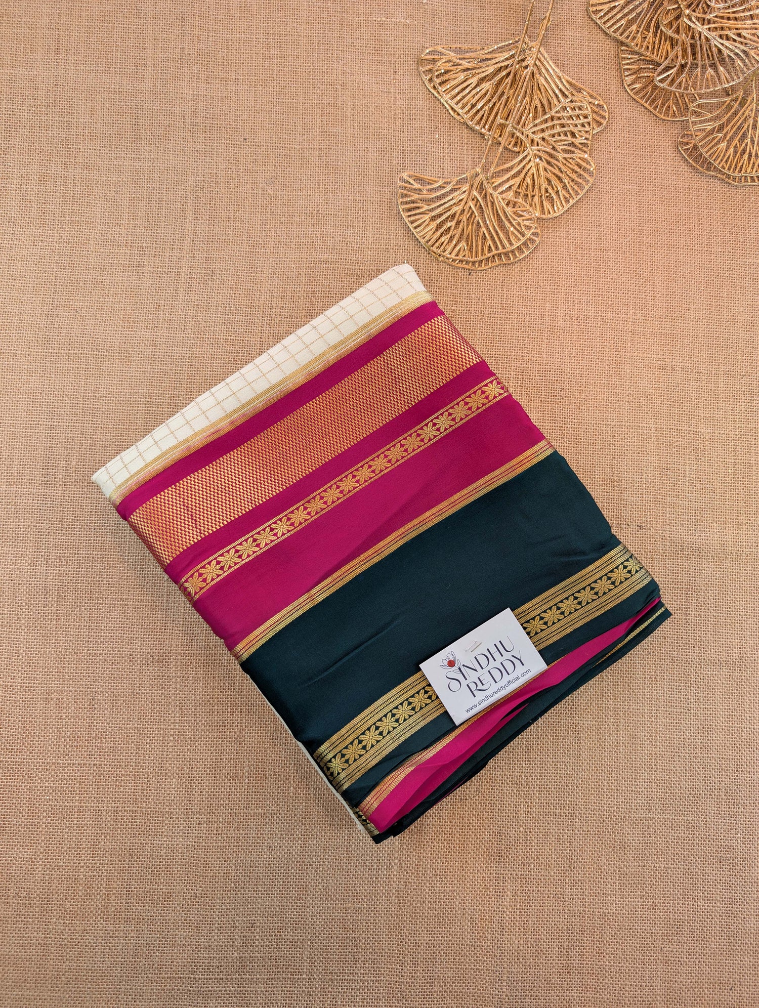 Pure Mysore Silk Crepe - White with Pink &amp; Green 3D Pattern