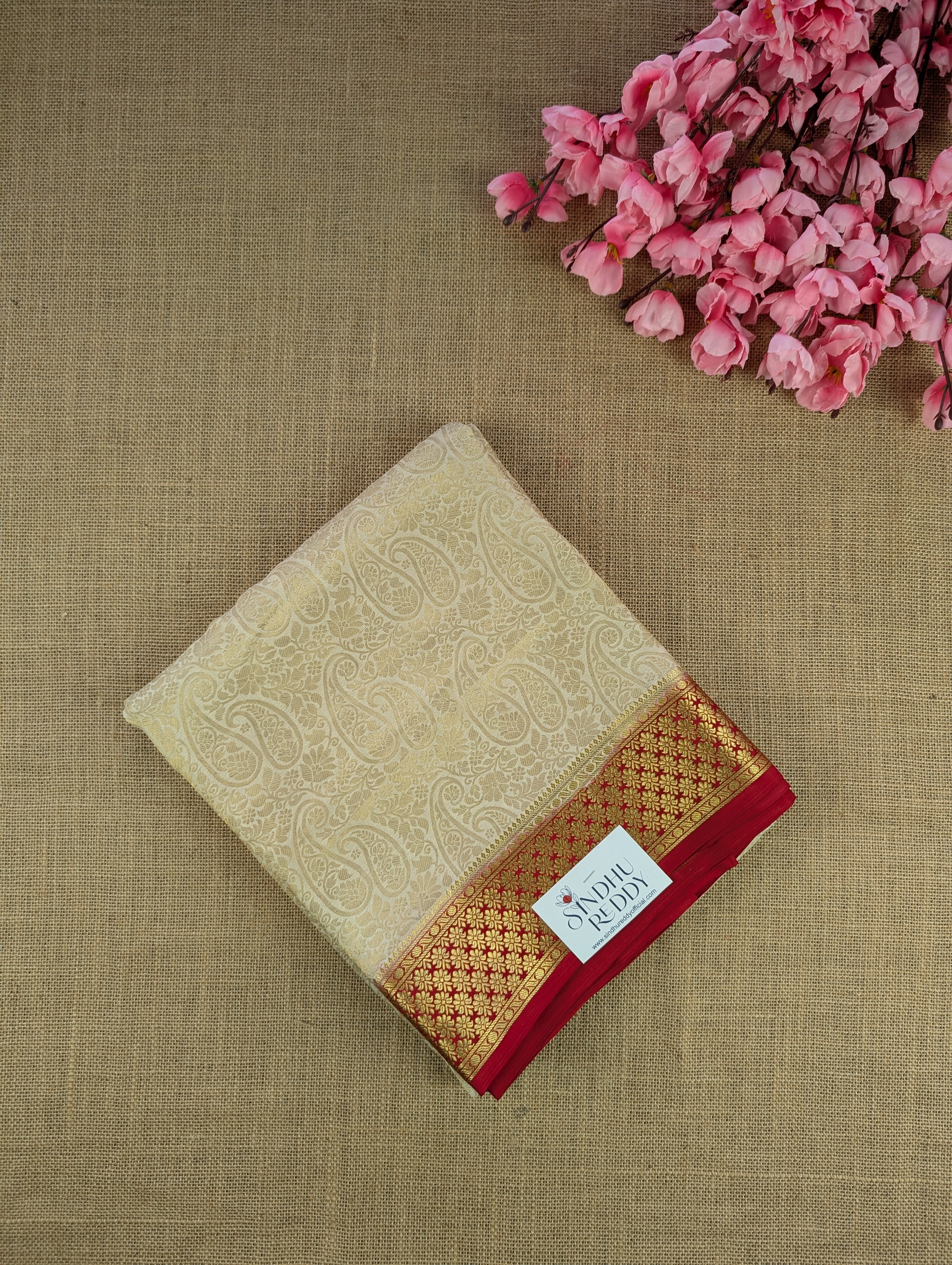 Pure Mysore Silk Crepe Brocade - Cream &amp; Red